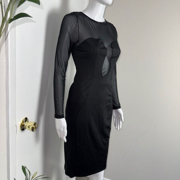 Commense Black Sheer Mesh Long Sleeve Bodycon Midi‎ Dress Cut Out Party Size M - Picture 5 of 17